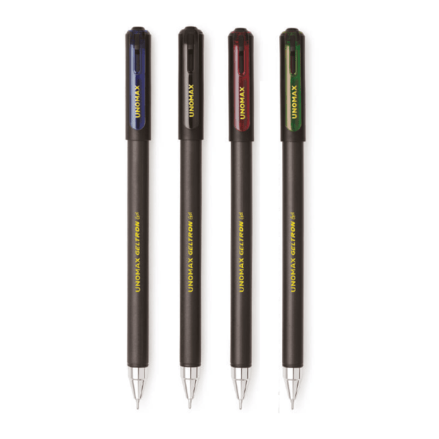 Unomax Geltron Gel Pen | Waterproof Ink | Ink Colour - Blue, Black, Green and Red - Four pens displayed in various ink colors.