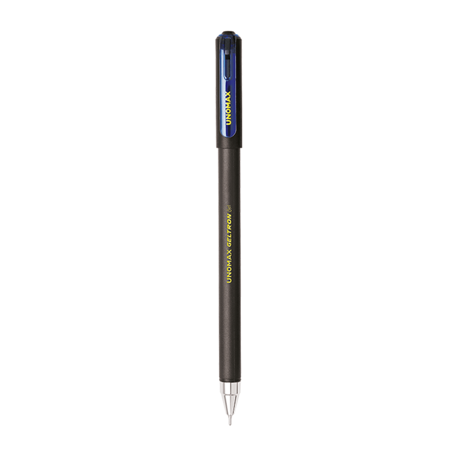 Unomax Geltron Gel Pen | Waterproof Ink | Ink Colour - Blue, Black, Green and Red on a white background.