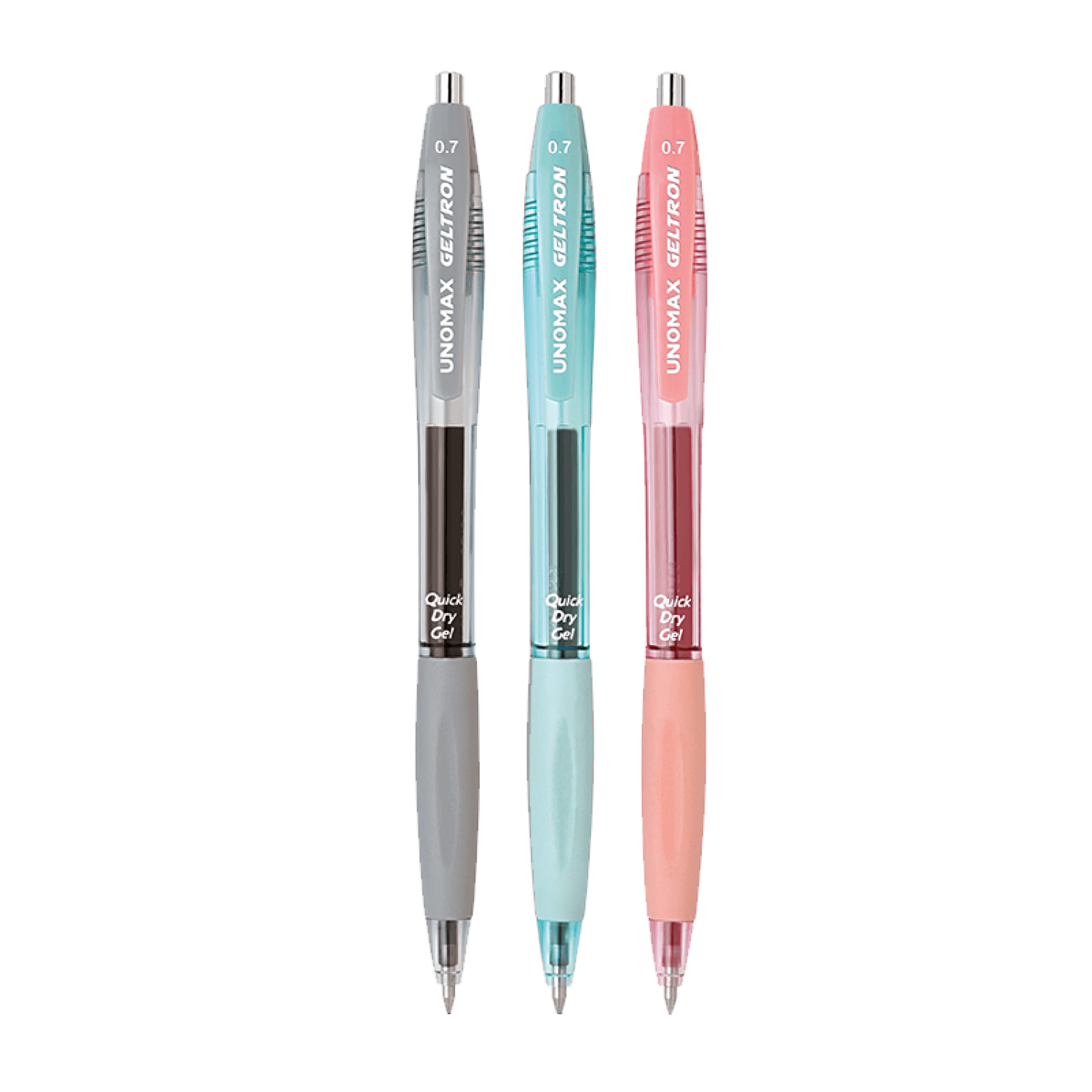 Unomax Geltron RT Gel Pen | Ink Colour - Blue, Black and Red in various colors, highlighting precision writing and comfort.