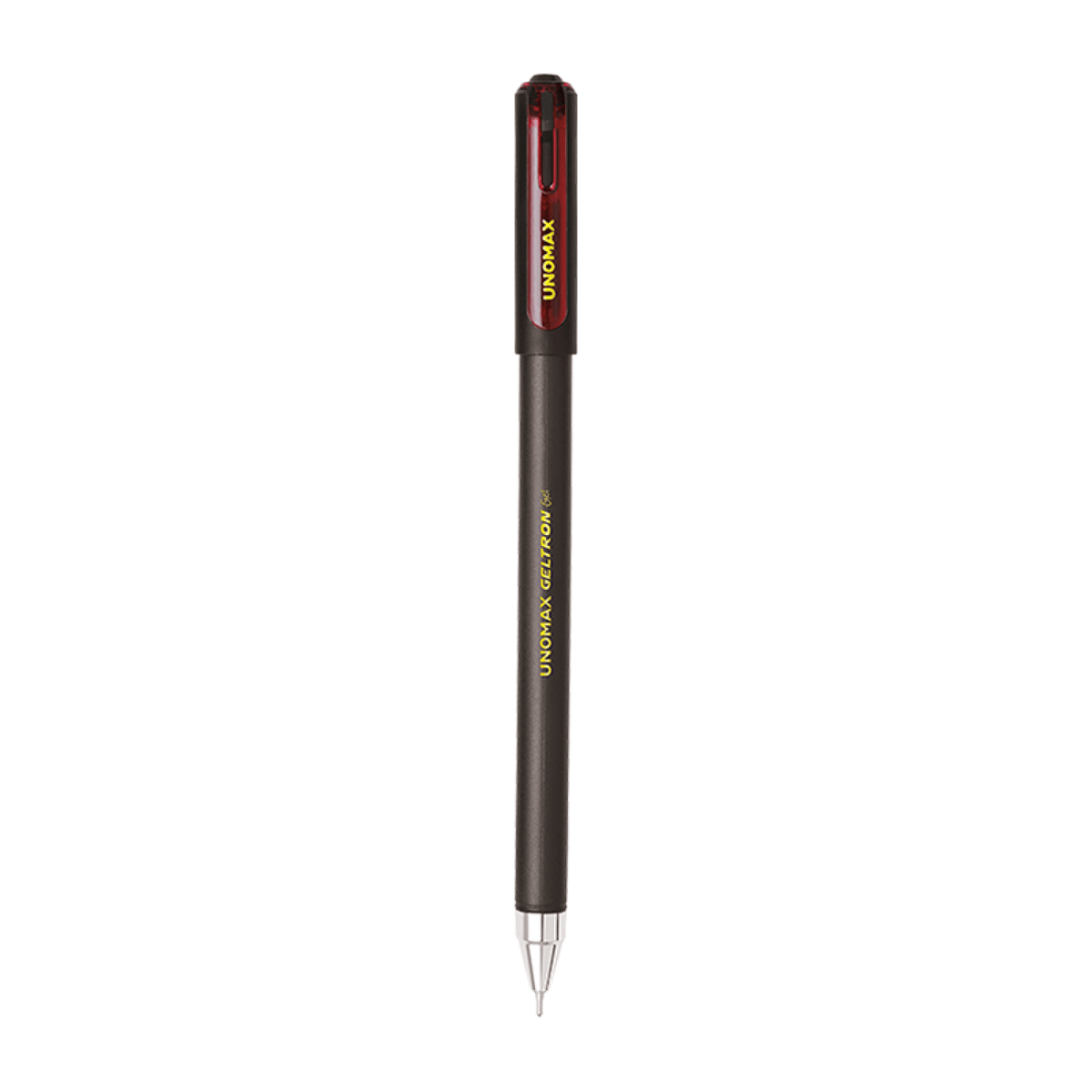 Unomax Geltron Gel Pen | Waterproof Ink | Ink Colour - Blue, Black, Green and Red on display against a white background.