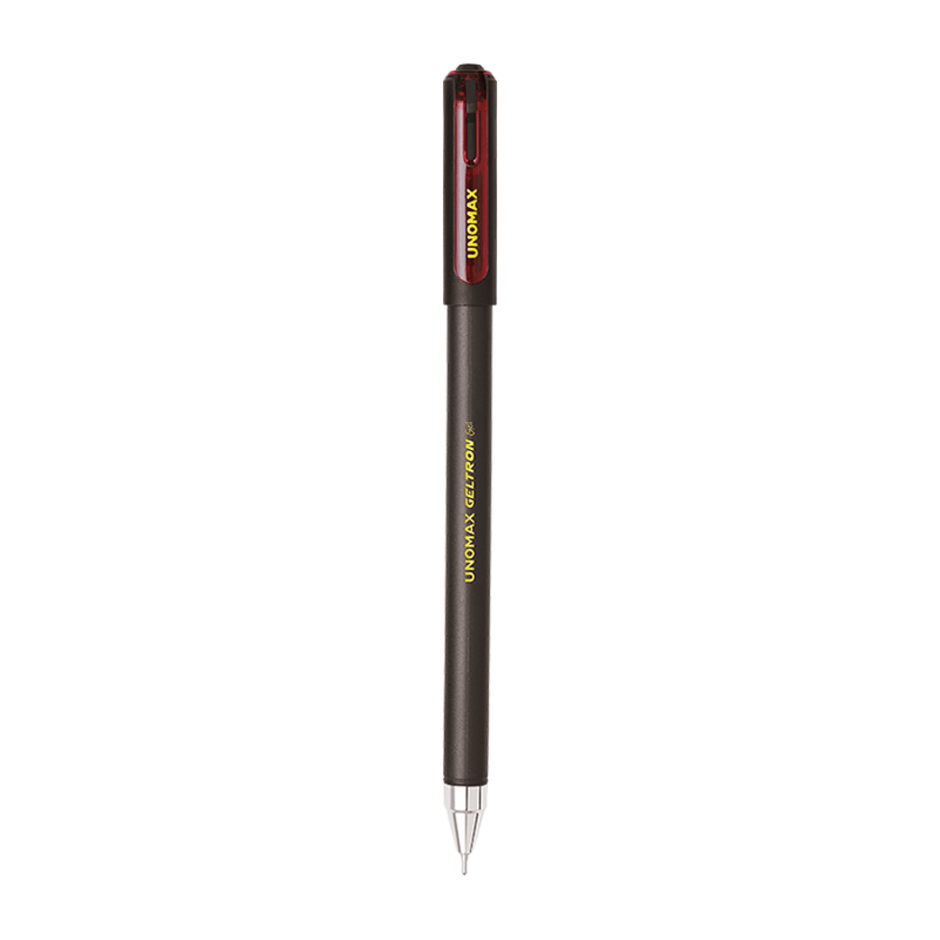 Unomax Geltron Gel Pen | Waterproof Ink | Ink Colour - Blue, Black, Green and Red on display against a white background.