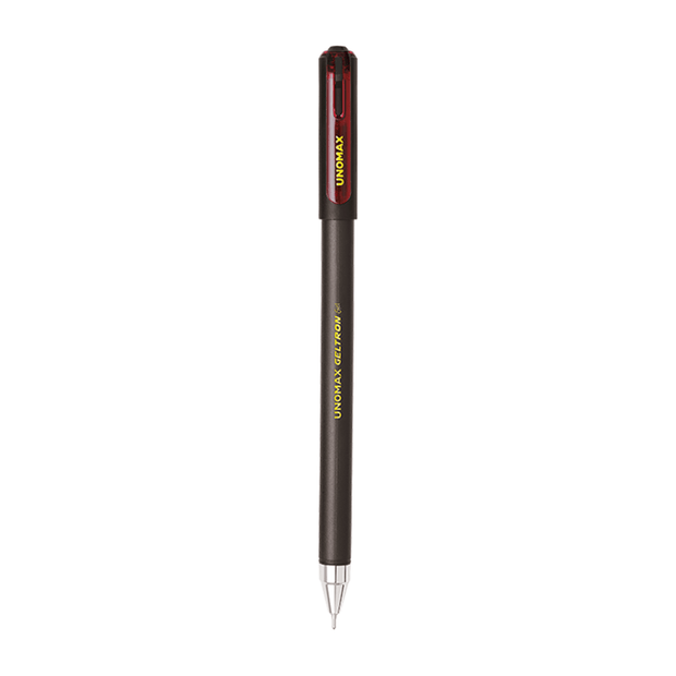 Unomax Geltron Gel Pen | Waterproof Ink | Ink Colour - Blue, Black, Green and Red on display against a white background.