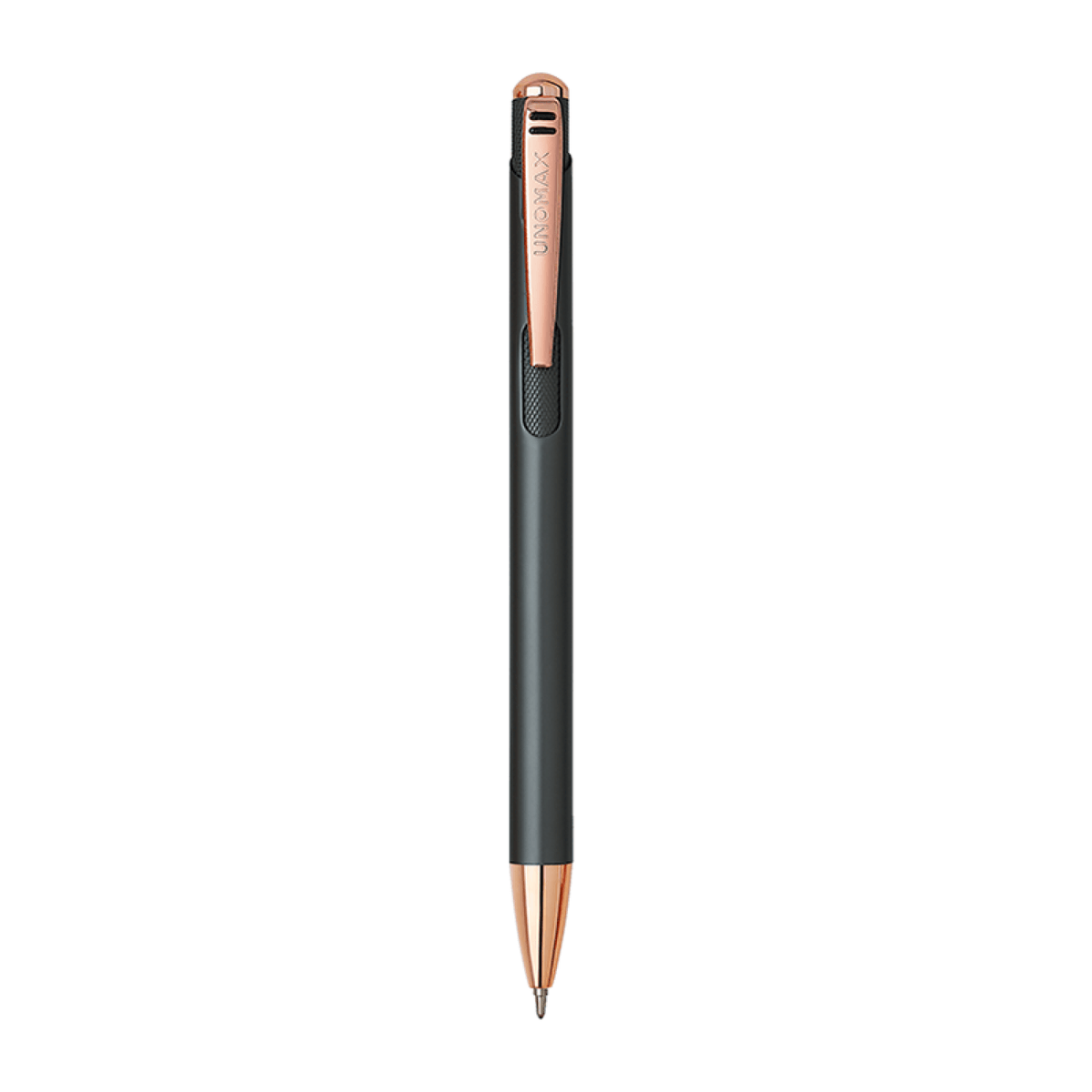 Unomax Lumina Ball Pen | Ink Colour - Blue in sleek black and rose gold design.