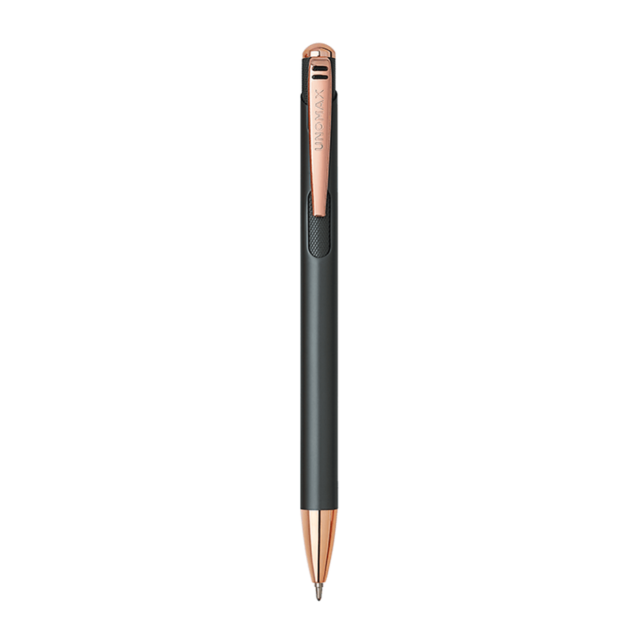 Unomax Lumina Ball Pen | Ink Colour - Blue in sleek black and rose gold design.