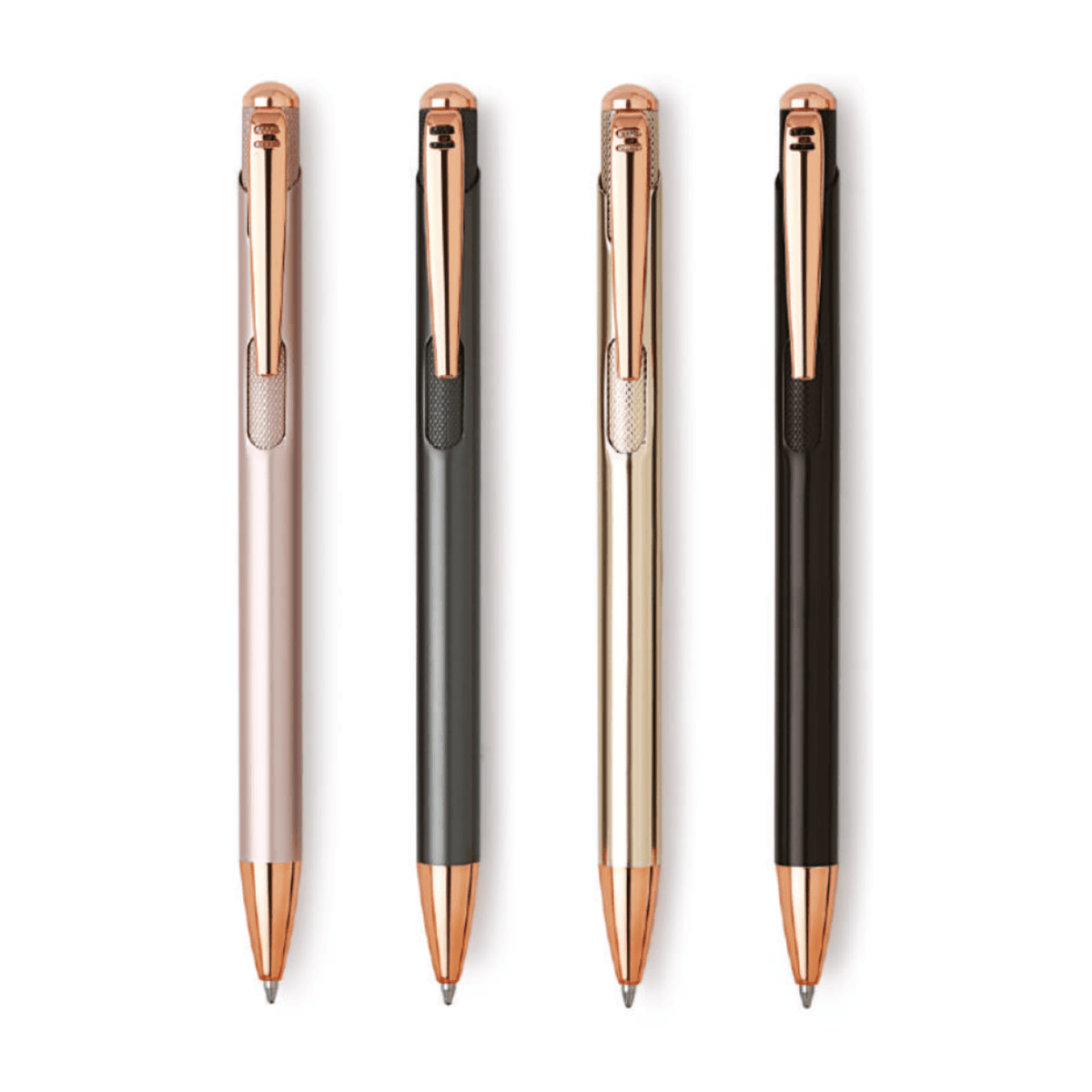 Unomax Lumina Ball Pen | Ink Colour - Blue, showcasing four elegant ball pens with metal finishes.