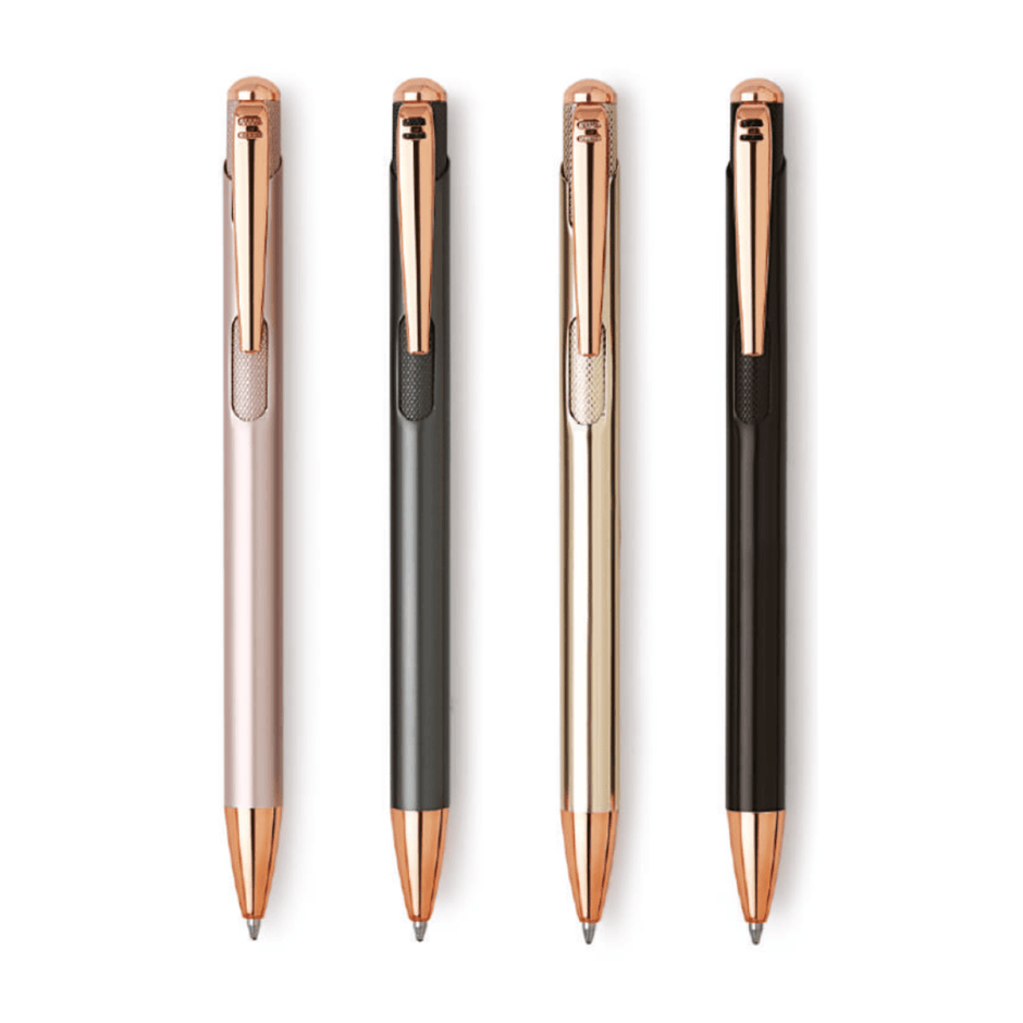 Unomax Lumina Ball Pen | Ink Colour - Blue, showcasing four elegant ball pens with metal finishes.