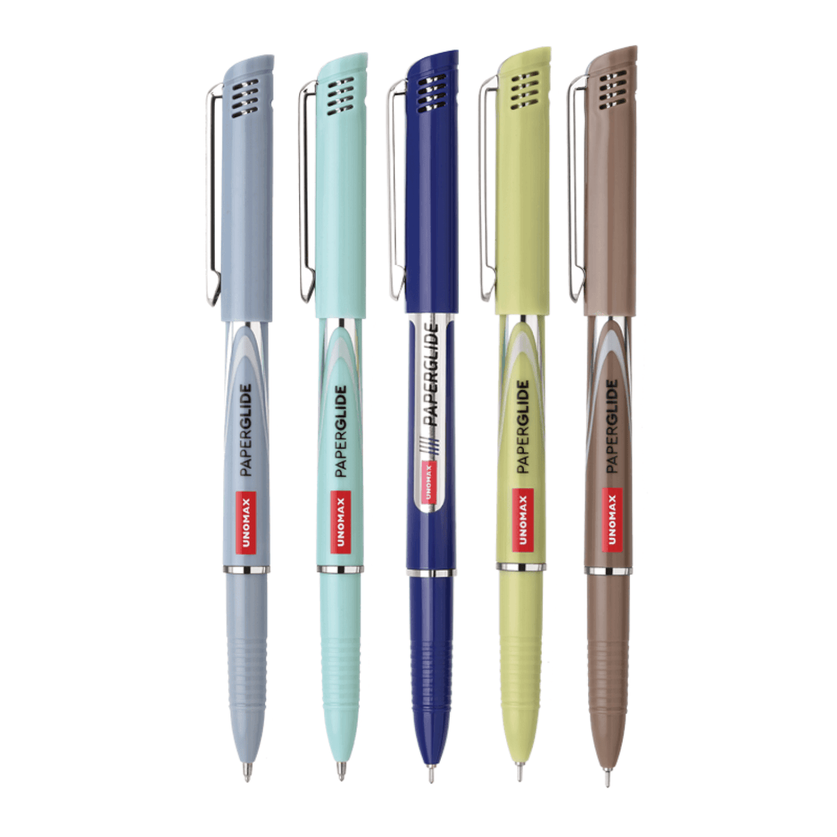 Unomax Paperglide Ball Pen | Ink Colour - Blue, Black and Red - Set of five colors including blue, green, navy, brown, and yellow.