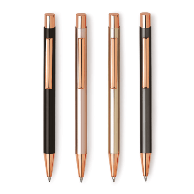Unomax Richmond Ball Pen | Ink Colour - Blue - sleek metal design featuring black, rose gold, gold and black finishes.