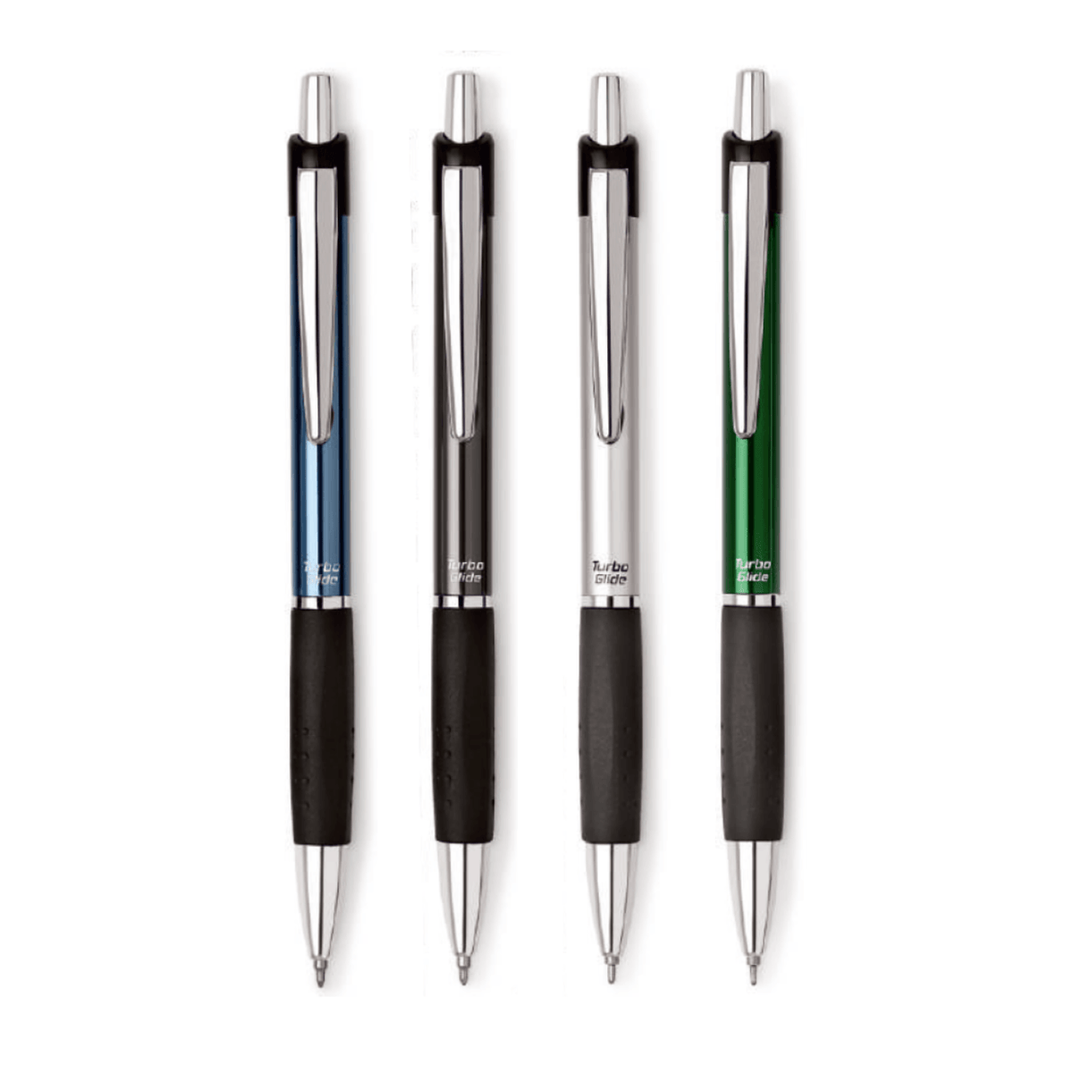 Unomax Turbo Glide Ball Pen | Ink Colour - Blue, showcasing blue, black, silver, and green variants.