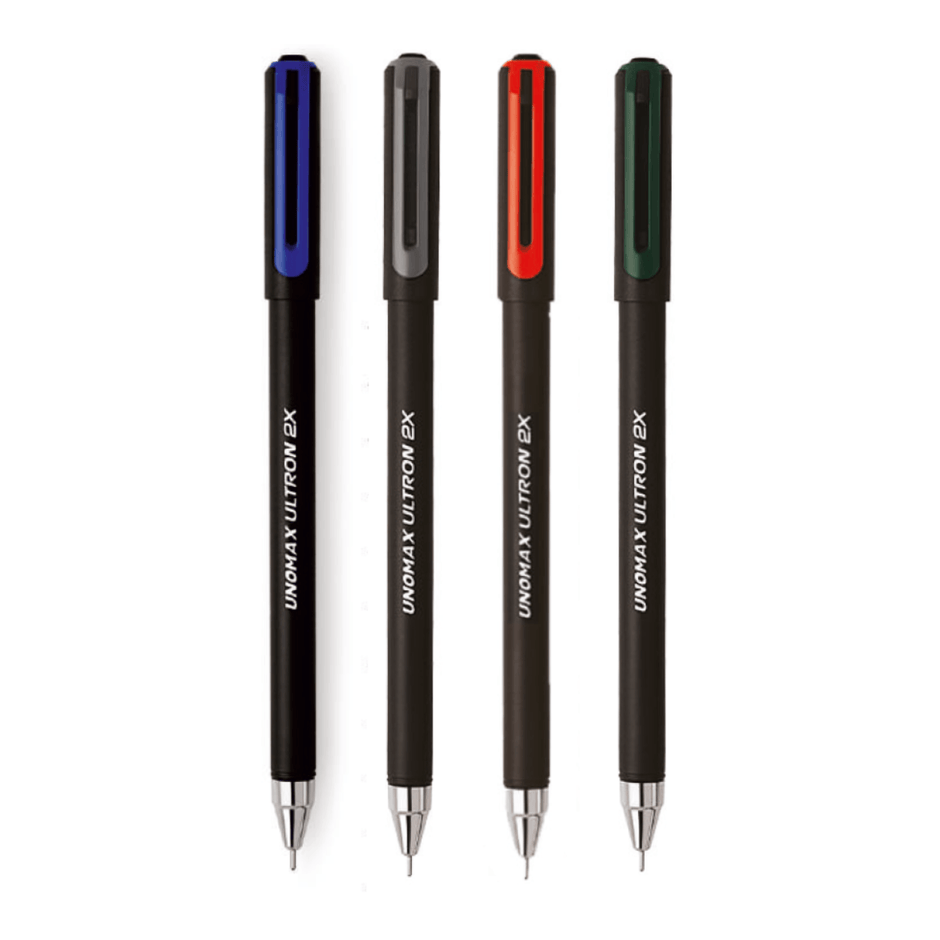 Unomax Ultron 2X Ball Pen | Ink Colour - Blue, Black, Green and Red - four pens displayed with different ink colours.