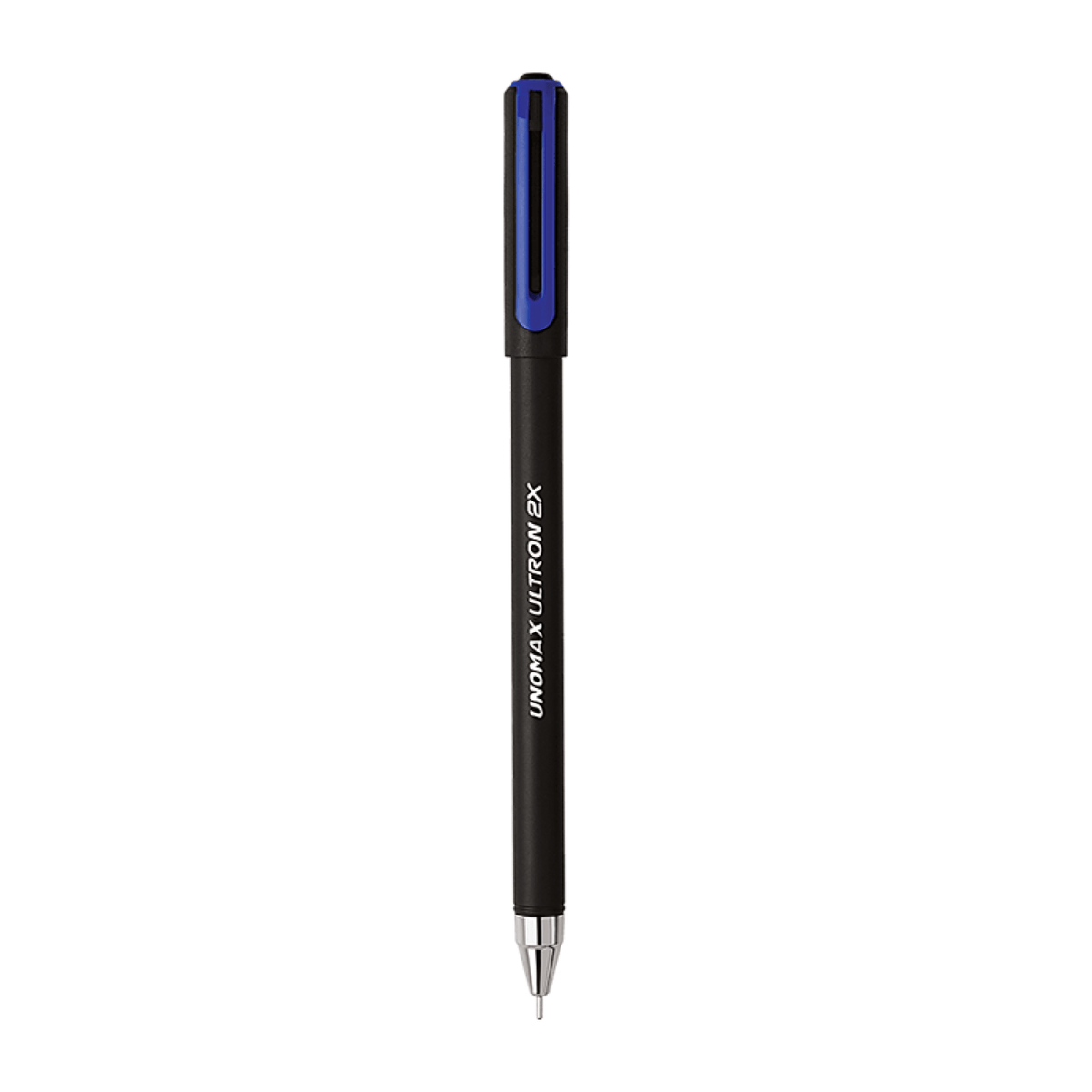 Unomax Ultron 2X Ball Pen | Ink Colour - Blue, Black, Green and Red with a sleek black body and blue accents.