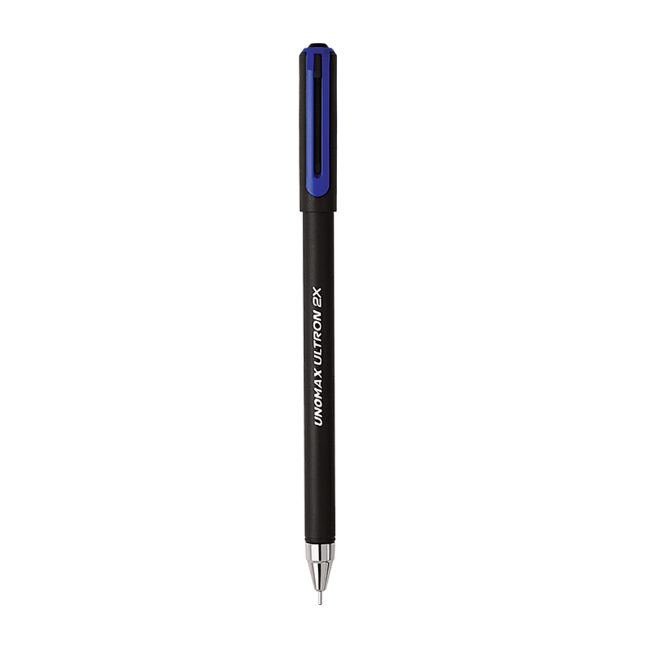 Unomax Ultron 2X Ball Pen | Ink Colour - Blue, Black, Green and Red with a sleek black body and blue accents.