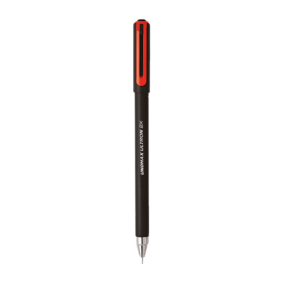Unomax Ultron 2X Ball Pen | Ink Colour - Blue, Black, Green and Red in black body with red cap.
