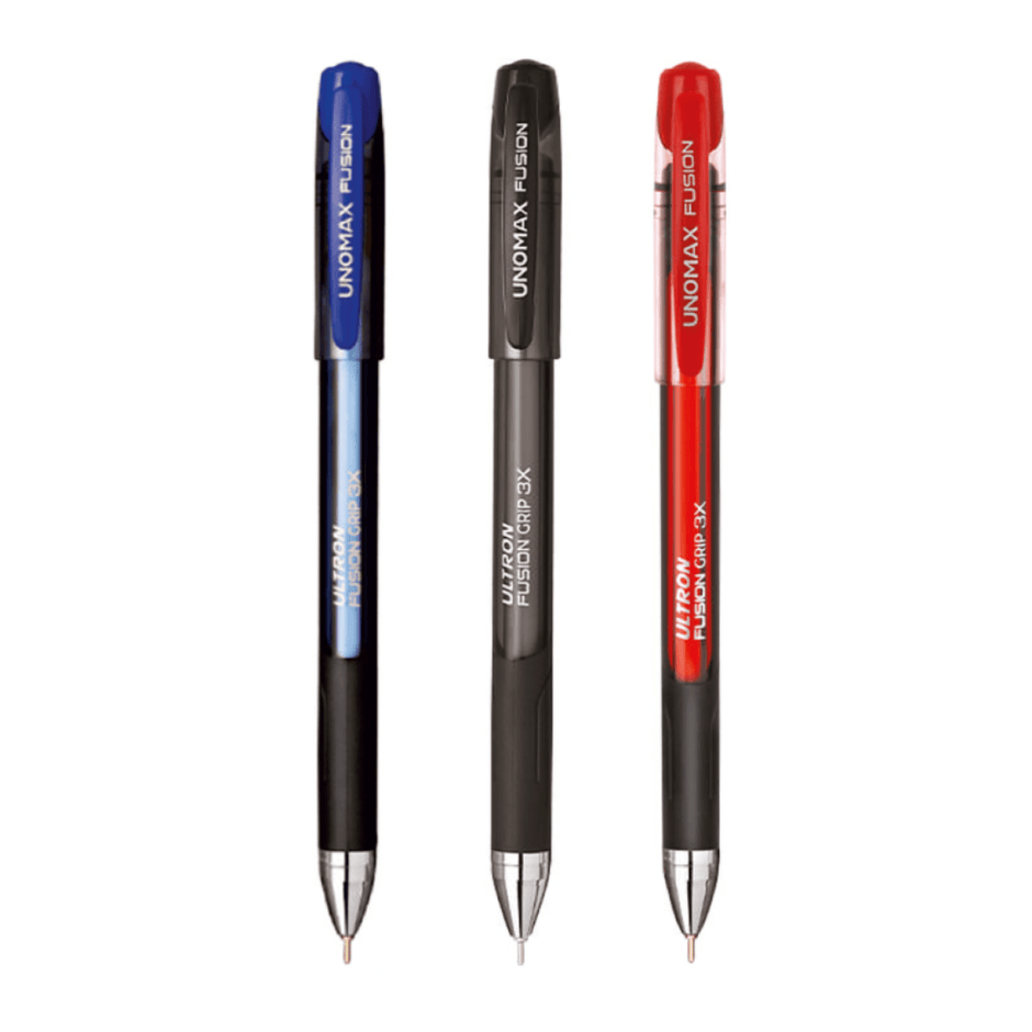 Unomax Ultron Fusion Grip 3X Ball Pen | Ink Colour - Blue, Black and Red - ergonomic soft grip design