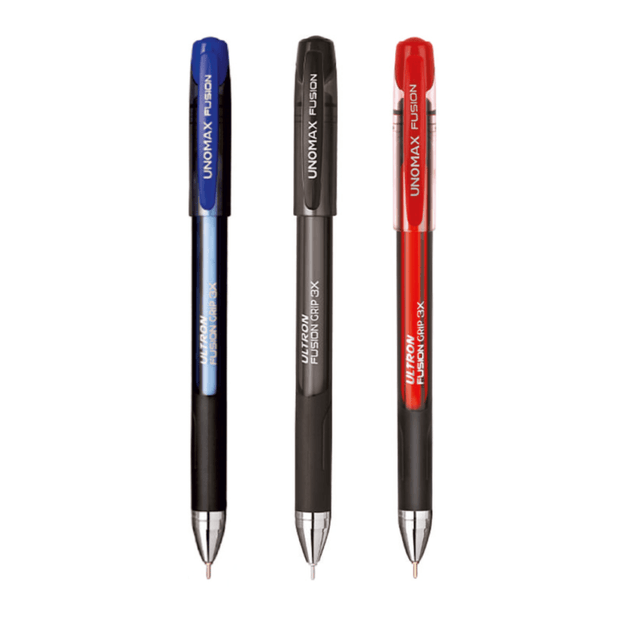 Unomax Ultron Fusion Grip 3X Ball Pen | Ink Colour - Blue, Black and Red - ergonomic soft grip design
