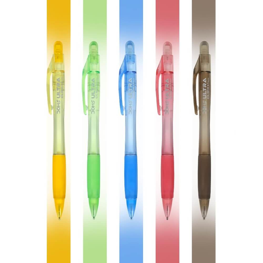 DOMS Ultra Click 0.7mm Mechanical Pencil in vibrant colors, showcasing quality and ergonomic design.