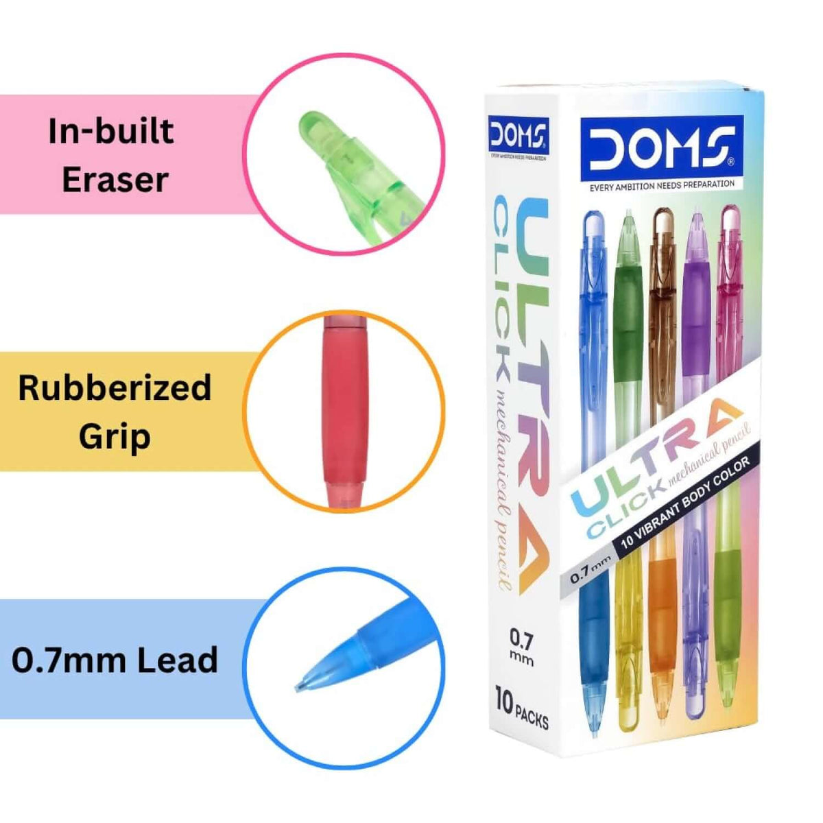 DOMS Ultra Click 0.7mm Mechanical Pencil pack showcasing features like in-built eraser, rubberized grip, and 0.7 mm lead.
