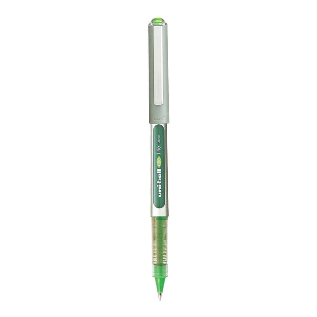 Uni-Ball Eye UB-157 0.7MM Roller Ball Pen in light green, showcasing its ergonomic grip and precision tip.