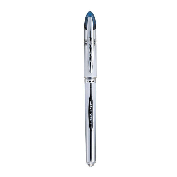 Uni-Ball Vision Elite UB200 0.8MM Roller Ball Pen in Blue ink with sleek White body and click-off cap.