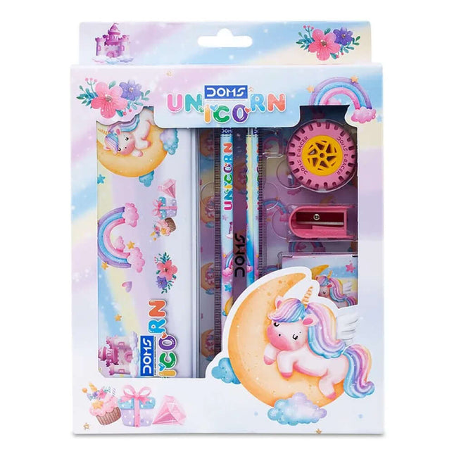 DOMS Unicorn Stationery Kit with compass, eraser, sharpener, pencils, and crayons in colorful packaging.