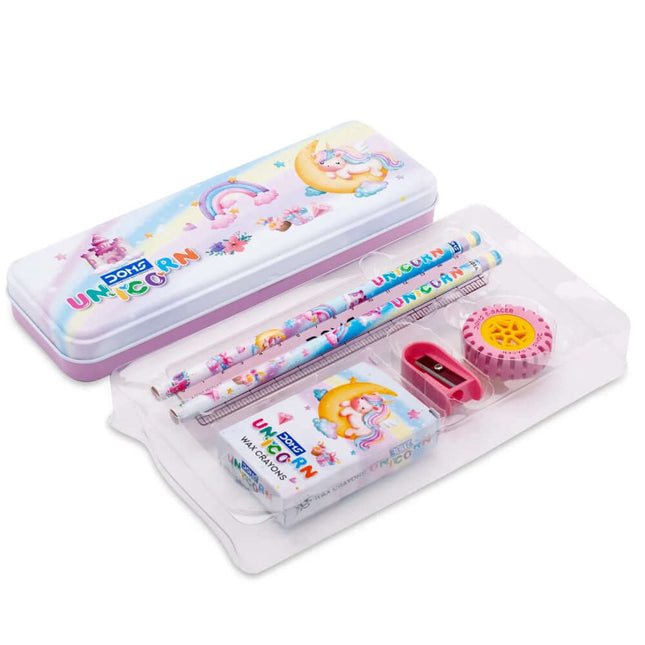 DOMS Unicorn Stationery Kit featuring compass box, two pencils, eraser, and sharpener in a vibrant design.