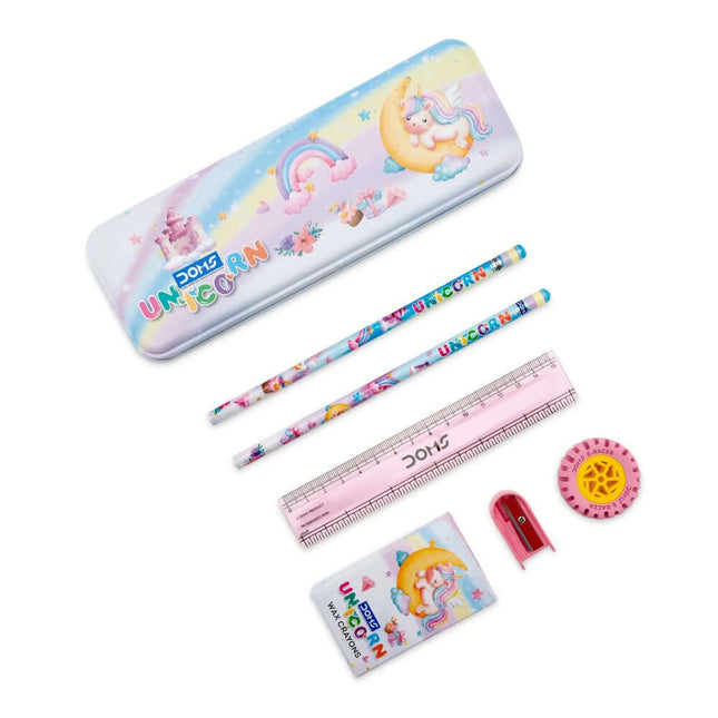 DOMS Unicorn Stationery Kit with compass box, pencils, eraser, sharpener, and ruler featuring colorful unicorn designs.