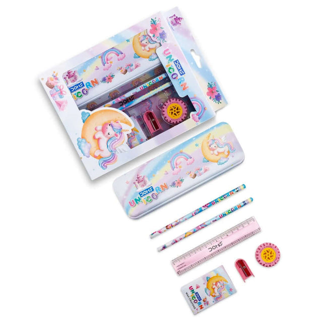 DOMS Unicorn Stationery Kit featuring pencils, eraser, sharpener, and compass in a colorful packaging.