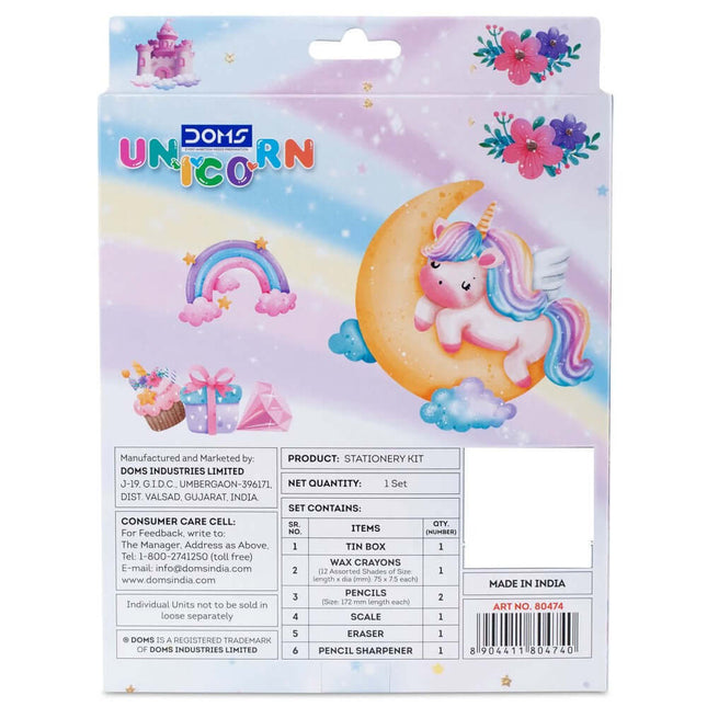 DOMS Unicorn Stationery Kit packaging featuring a unicorn, rainbows, and art supplies like wax crayons and a sharpener.