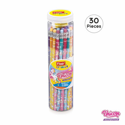 Flair Creative Unicorn Extra Dark Pencils set with 30 colorful pencils in a clear container, ideal for writing and journaling.
