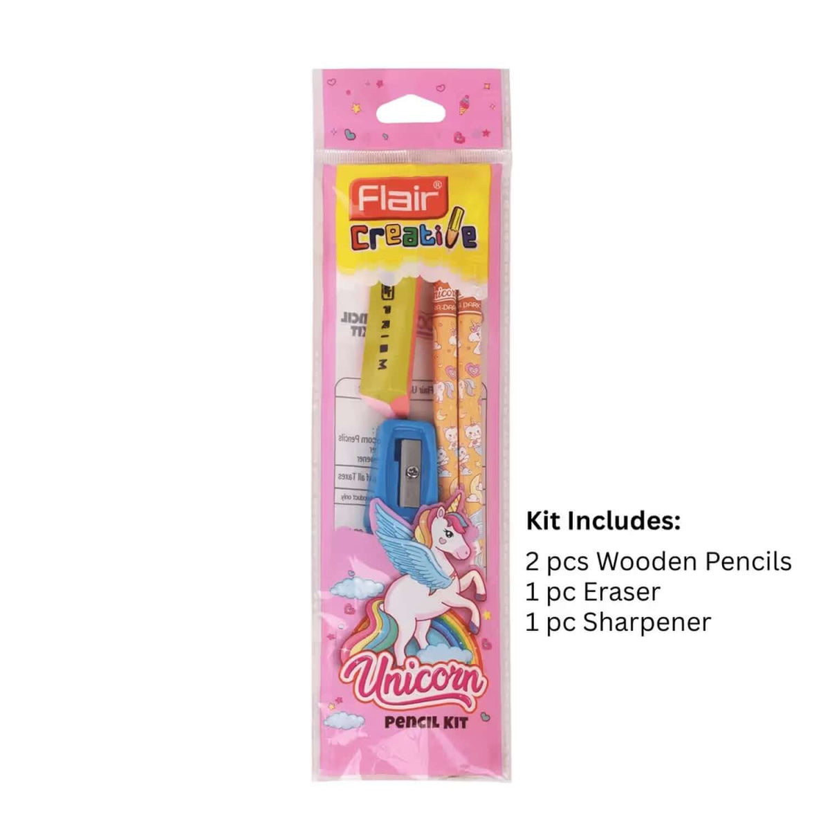 Flair Creative Unicorn Pencil 20 Kit | Stationery Kit of 3 Items includes pencils, eraser, and sharpener.