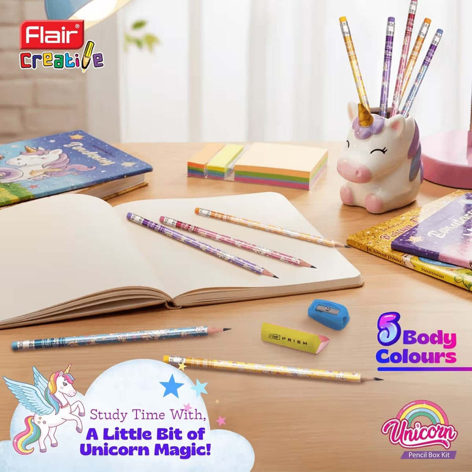 Flair Creative Unicorn Pencil 20 Kit | Stationery Kit of 3 Items featuring colorful pencils and accessories on a study table.
