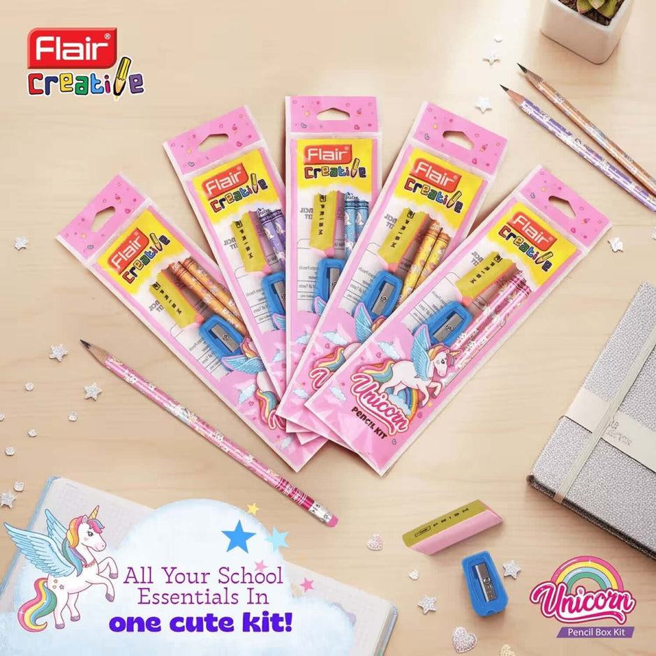 Flair Creative Unicorn Pencil 20 Kit | Stationery Kit of 3 Items featuring colorful unicorn-themed stationery on a desk.
