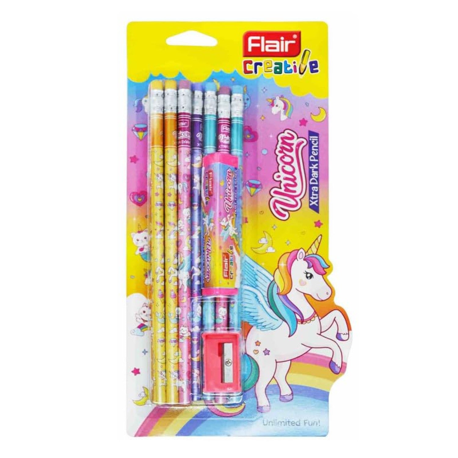 Flair Creative Unicorn Extra Dark Pencils | Includes Eraser and Sharpener with colorful design and packaging.