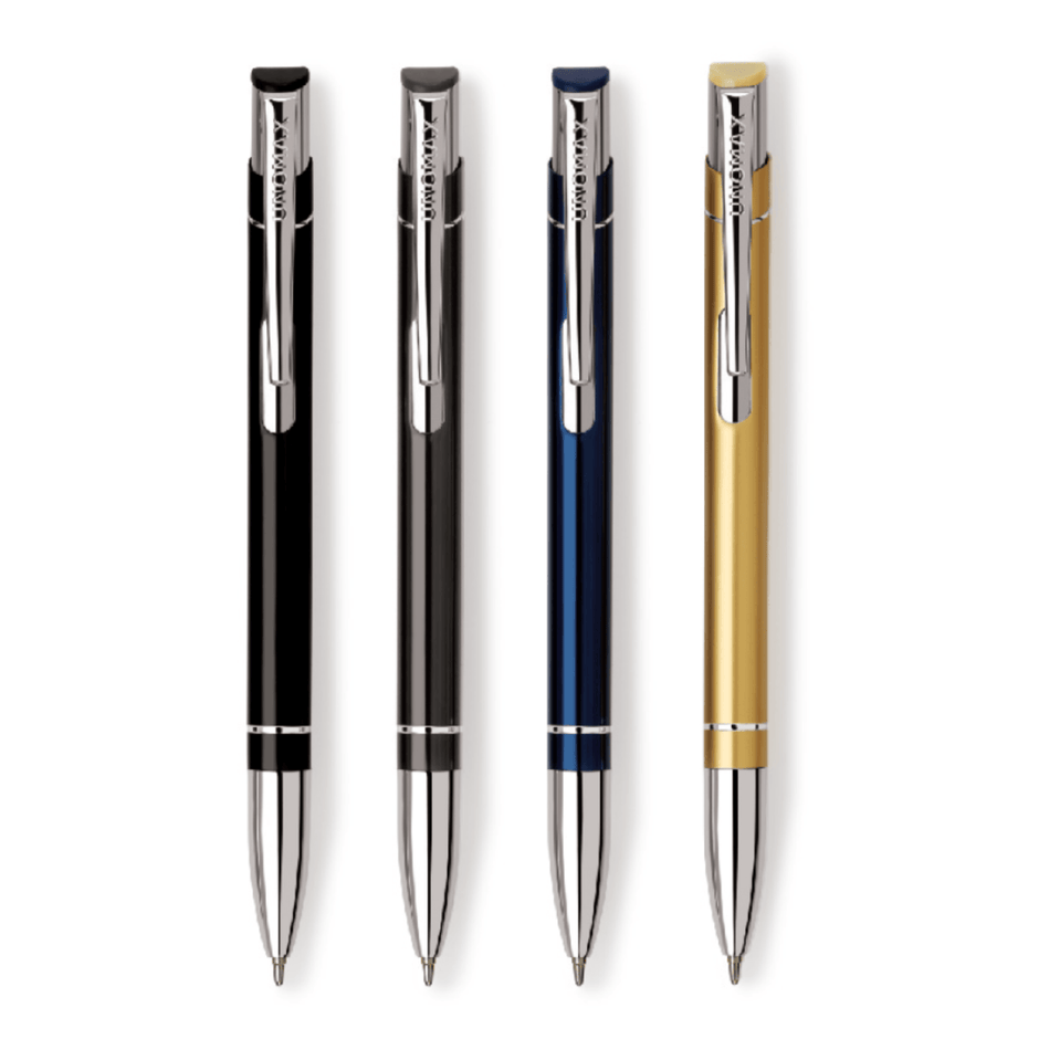Unomax Valentino Ball Pen | Ink Colour - Blue and three other color variants displayed together.