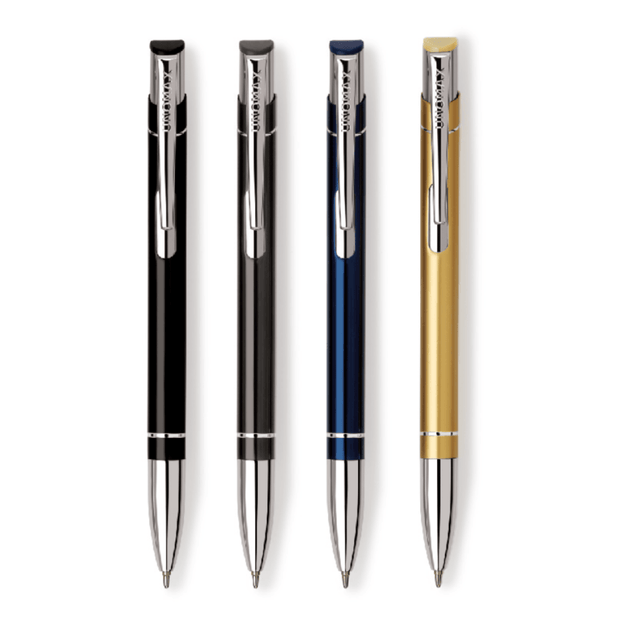 Unomax Valentino Ball Pen | Ink Colour - Blue and three other color variants displayed together.
