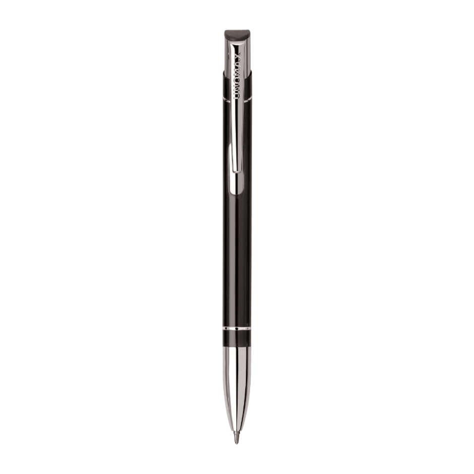 Unomax Valentino Ball Pen | Ink Colour - Blue - sleek black metal body with chrome details and retractable tip.