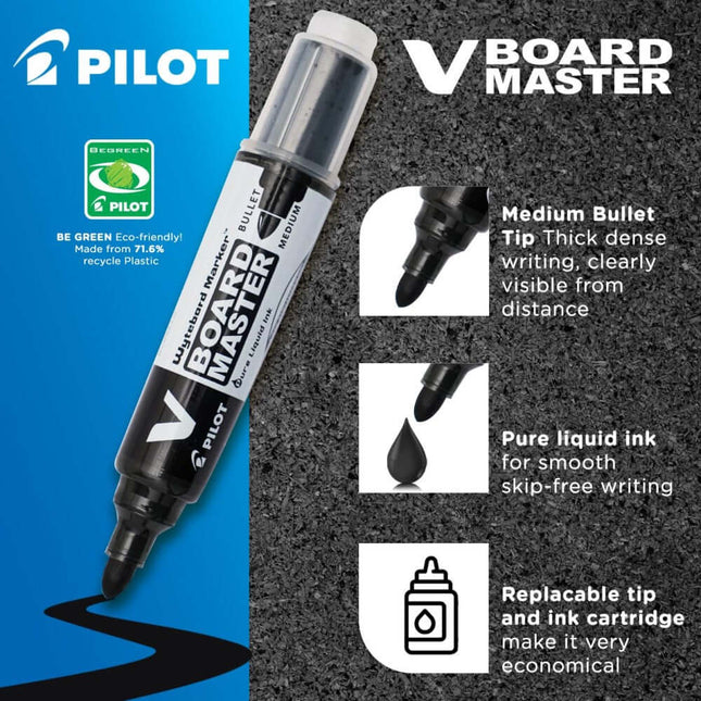 Pilot V Board Master Medium Bullet Tip White Board Marker with Replacable Tip & Ink Cartridge