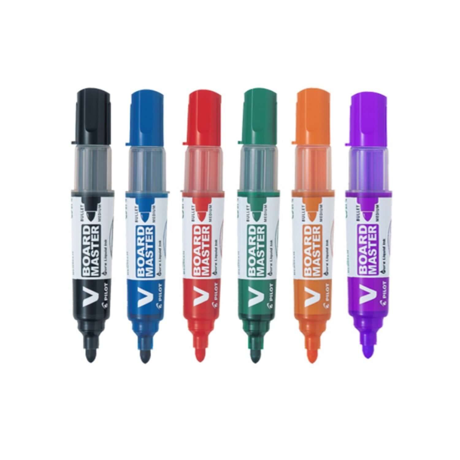 Pilot V Board Master Medium Bullet Tip White Board Marker with Replacable Tip & Ink Cartridge in assorted colors.