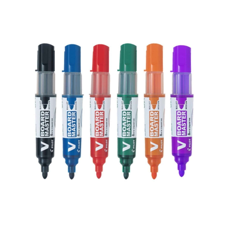 Pilot V Board Master Medium Bullet Tip White Board Marker with Replacable Tip & Ink Cartridge in assorted colors.