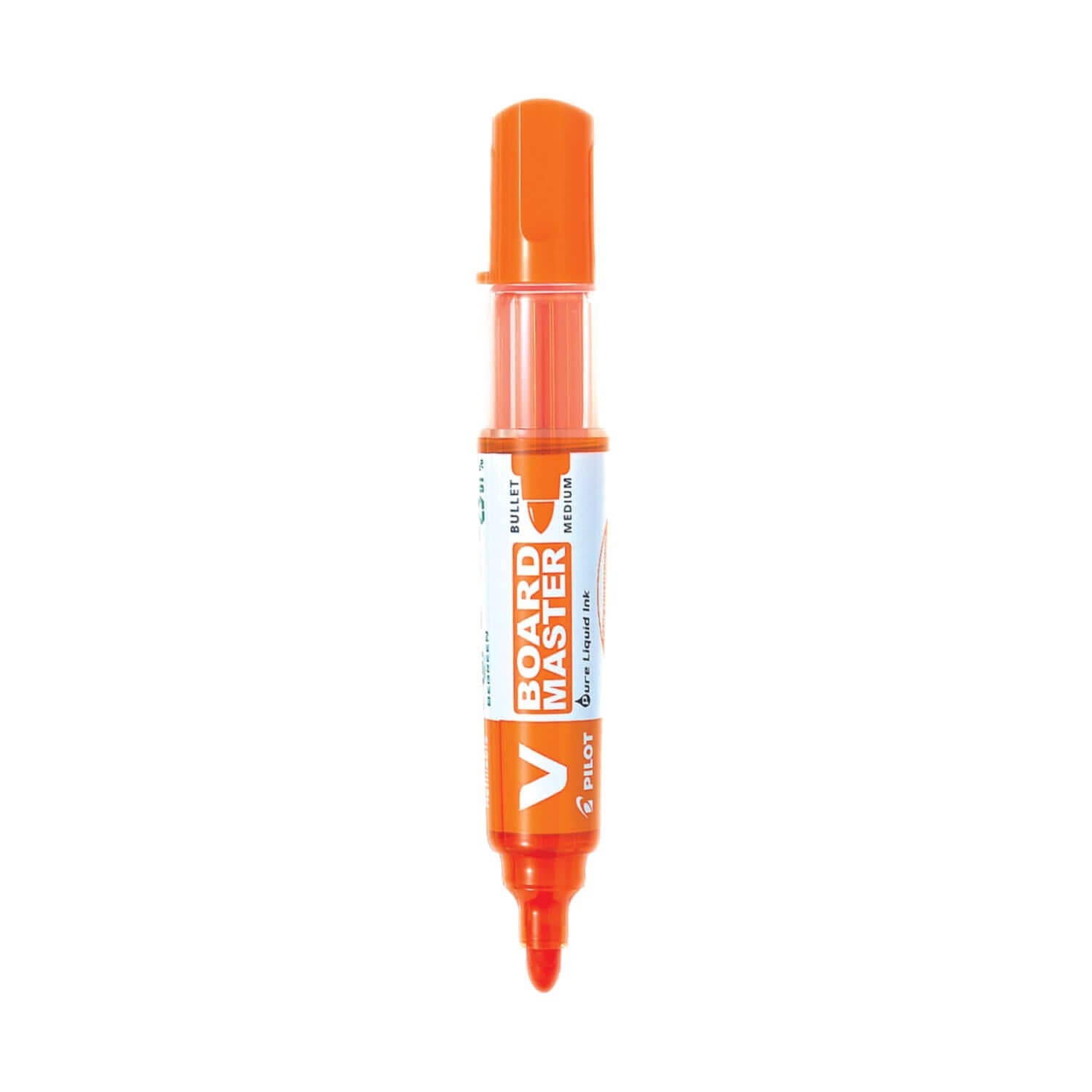Pilot V Board Master Medium Bullet Tip White Board Marker with Replacable Tip & Ink Cartridge in orange color.