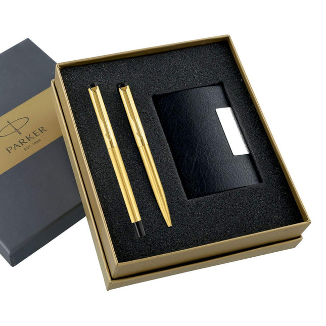 Parker Vector Gold Roller Ball Pen and Ball Pen with Card Holder