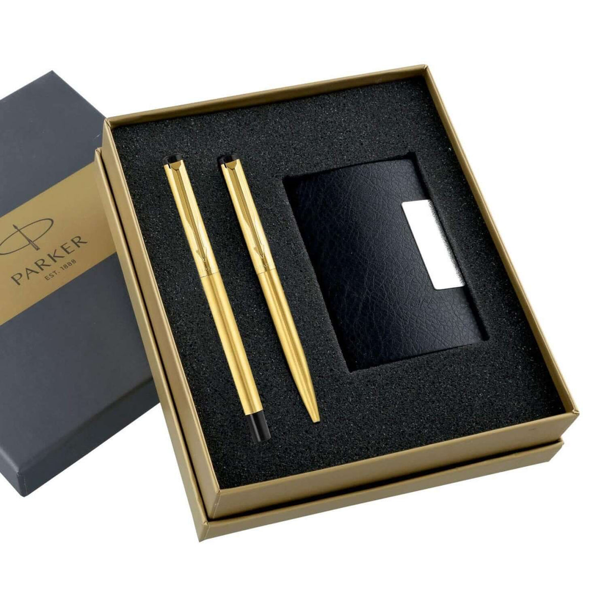 Parker Vector Gold Roller Ball Pen and Ball Pen with Card Holder elegantly displayed in a gift box.