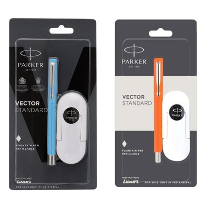 Parker Vector Standard Fountain Pen packaging with blue and orange refillable pens, ideal for students and professionals.