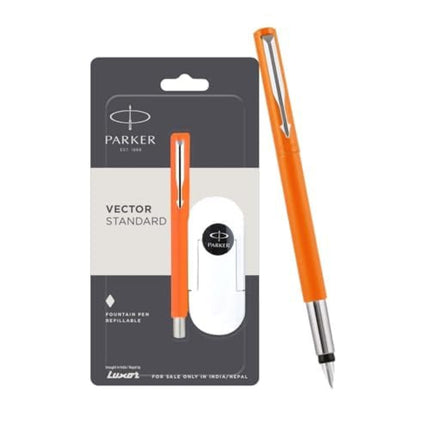 Parker Vector Standard Fountain Pen in orange packaging, featuring a refillable design for students and professionals.