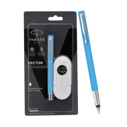 Parker Vector Standard Fountain Pen in blue with packaging, includes refillable ink cartridge for premium writing experience.