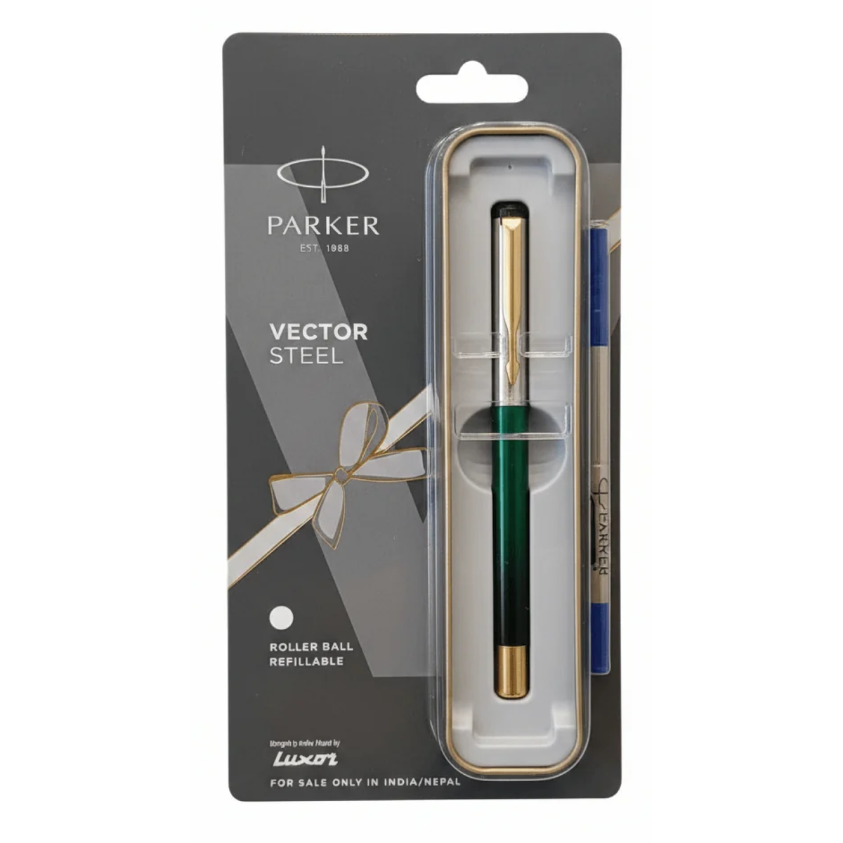 Parker Vector Steel Fusion Roller Ball Pen Gold Trim | Ink Colour - Blue