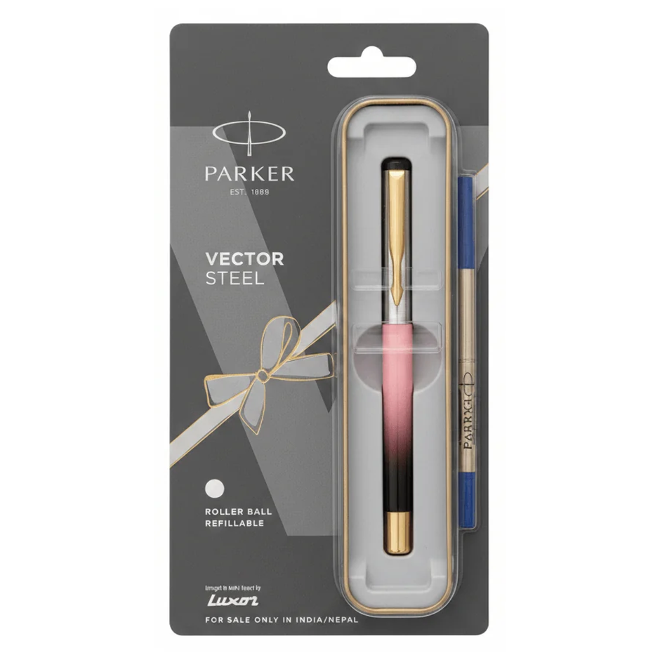 Parker Vector Steel Fusion Roller Ball Pen Gold Trim | Ink Colour - Blue