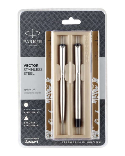 Parker Vector Stainless Steel Fountain Pen and Ball Pen Set | Ink Colour - Blue