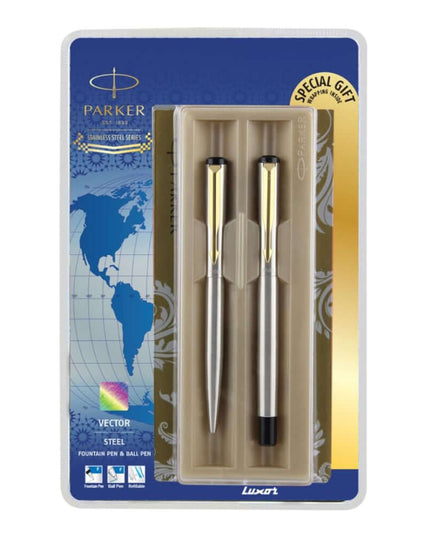 Parker Vector Stainless Steel Fountain Pen and Ball Pen Set | Ink Colour - Blue