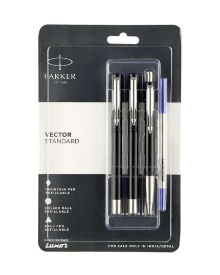Parker Vector Standard Ball Pen, Roller Ball Pen and Fountain Pen Set | Ink Colour - Blue